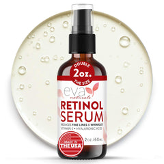 Eva Naturals Retinol Serum bottle with dropper enables precise nightly application for smoother skin.