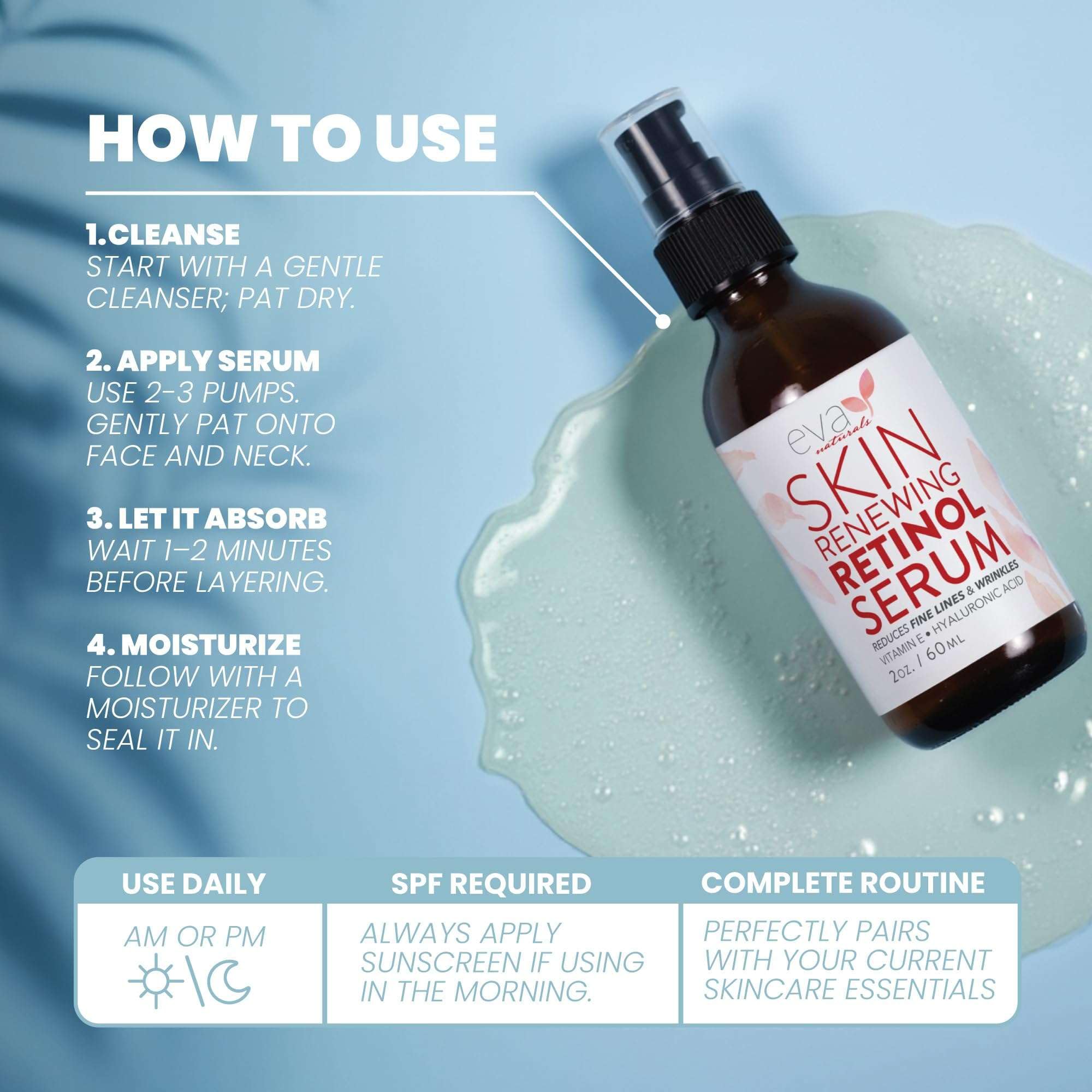 Hyaluronic acid presence highlighted with Eva Naturals Retinol Serum for lasting hydration.