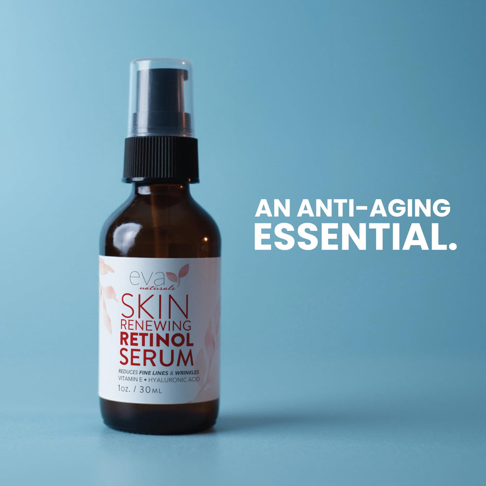 Packaging of Eva Naturals Retinol Serum displayed on dresser.