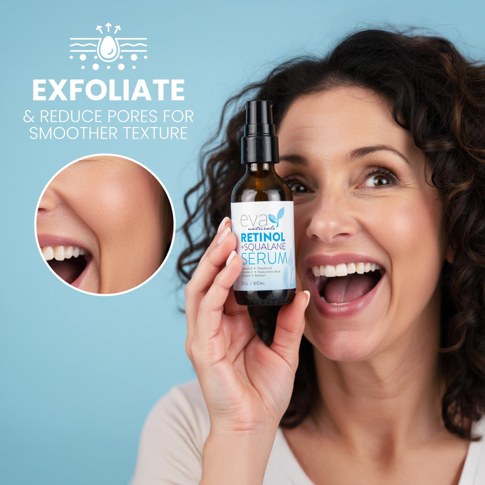 Eva Naturals retinol serum dropper dispensing a precise amount for targeted use