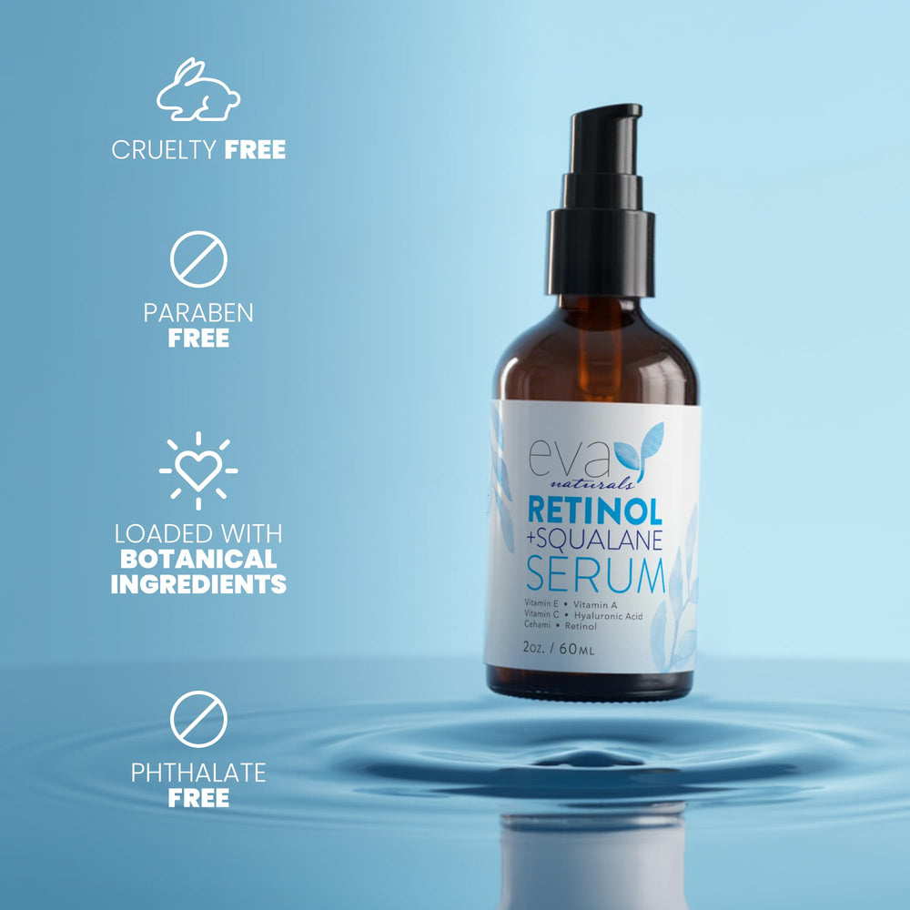 Eva Naturals retinol serum close-up showing radiant, hydrated skin after use