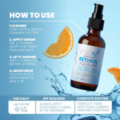 Eva Naturals retinol serum bottle labels ingredients such as squalane and vitamin E for hydration