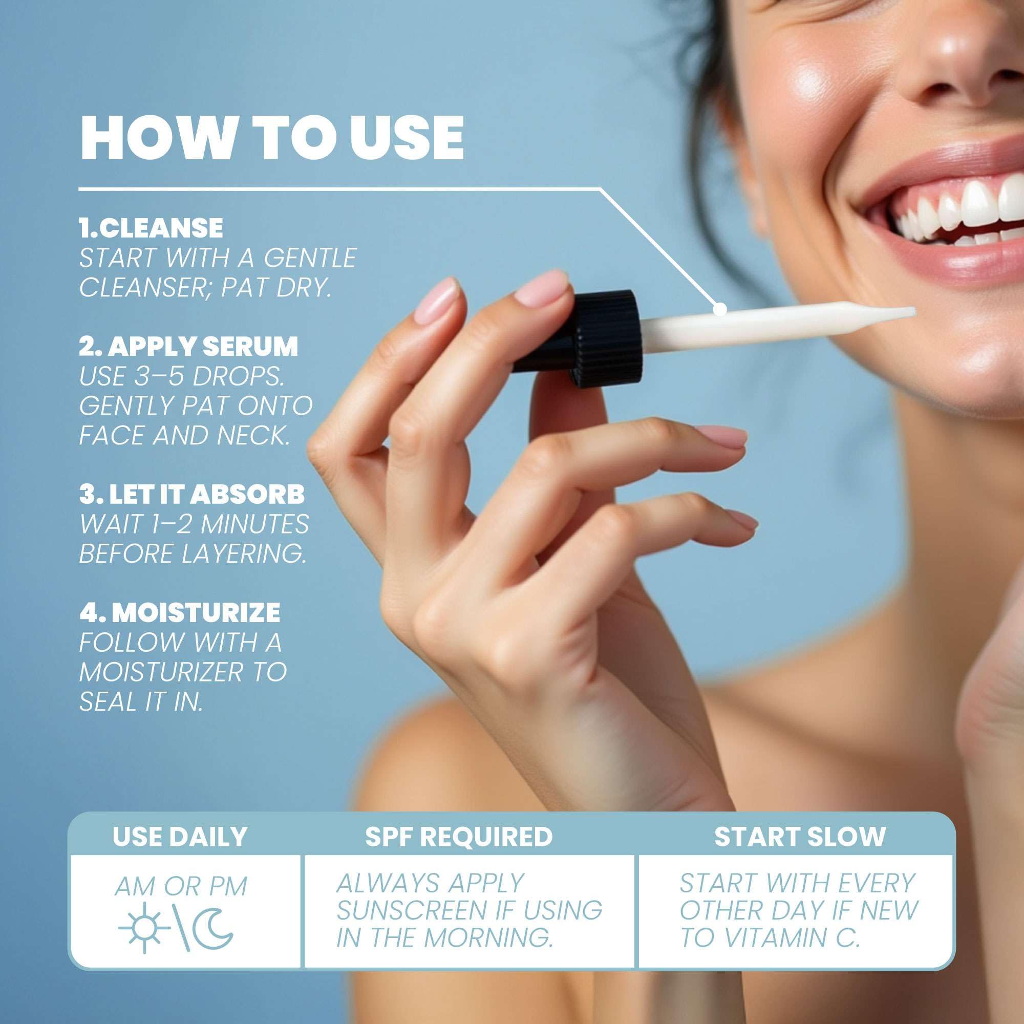 Eva Naturals serum being applied to face for quick-absorbing hydration.