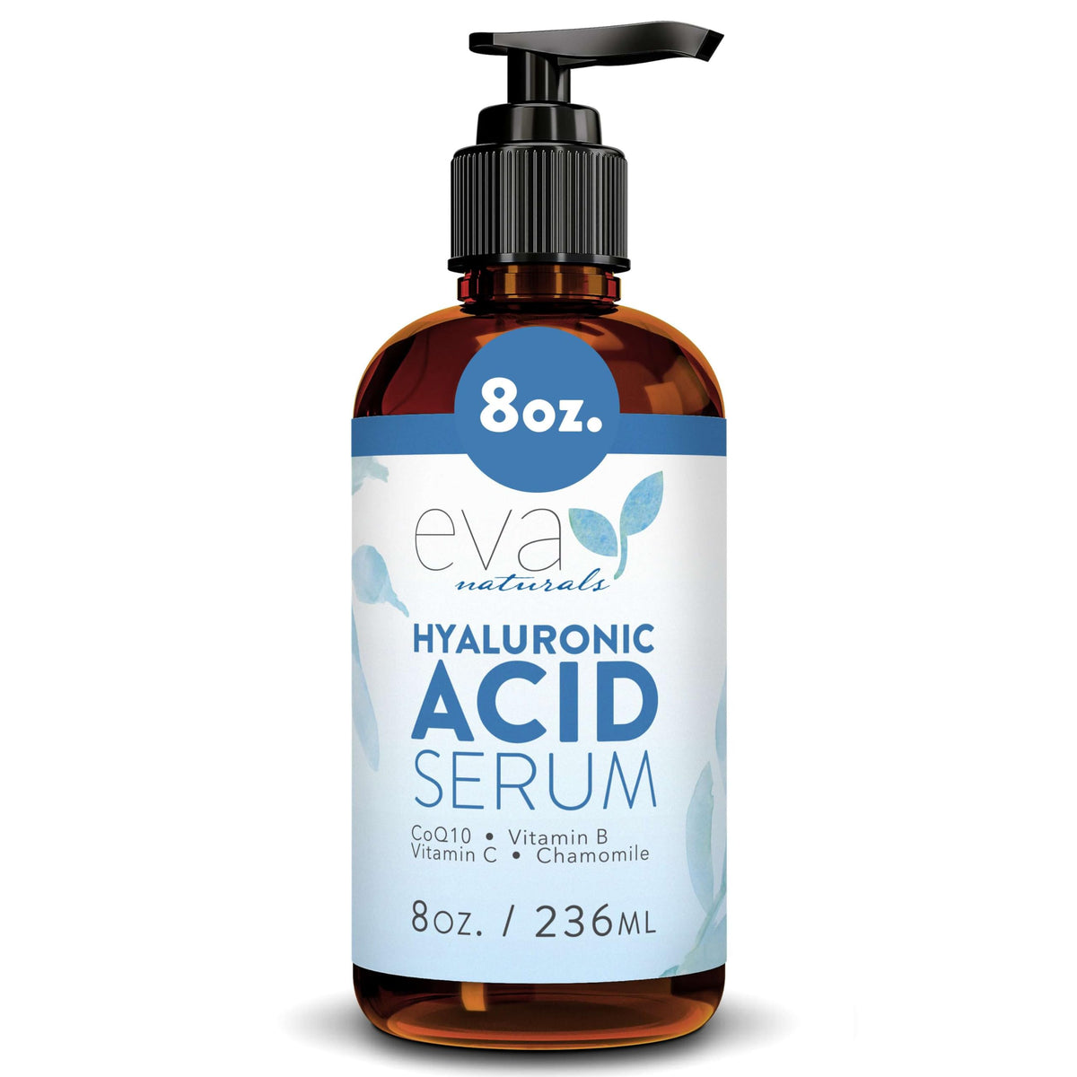 Sérum hyaluronique Eva Naturals sur une bouteille, hydratation et efficacité potentielles.