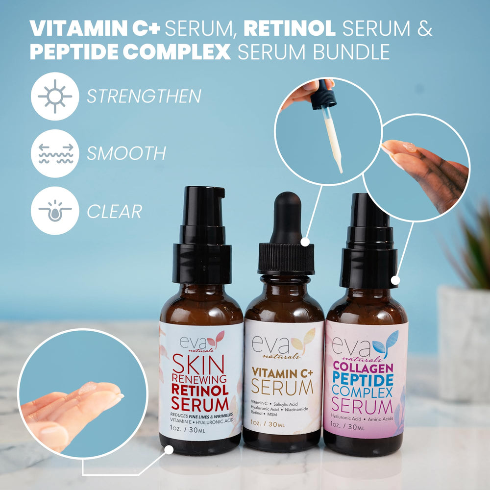Eva Naturals Trifecta Peptide serum bottle helps improve firmness and texture.