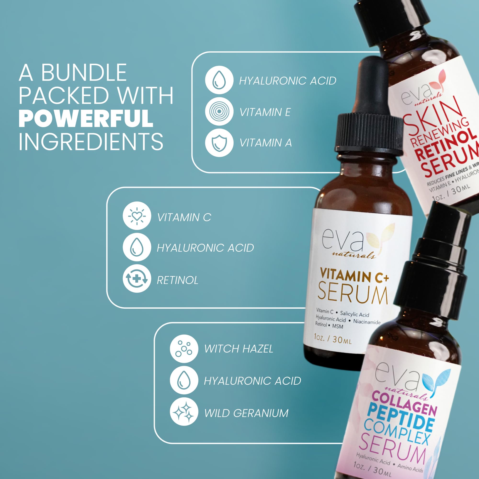 Eva Naturals Trifecta set packaging box front showcases three-serum routine.
