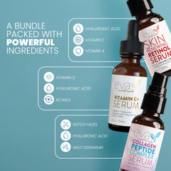 Eva Naturals Trifecta set packaging box front showcases three-serum routine.