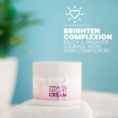 Eva Naturals Vanilla Bean Night Cream bottle label highlights vitamins for daily skincare
