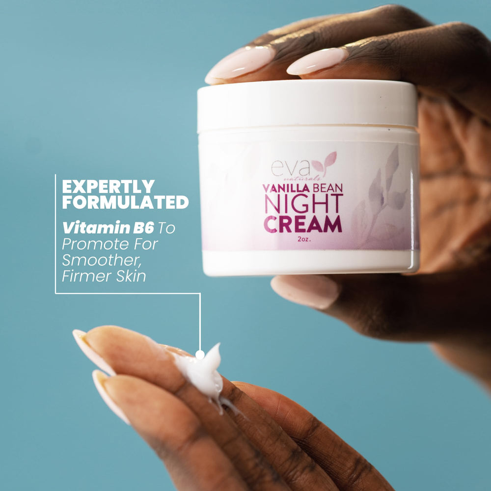 Eva Naturals Vanilla Bean Night Cream shiitake ingredient closeup hints renewal potential