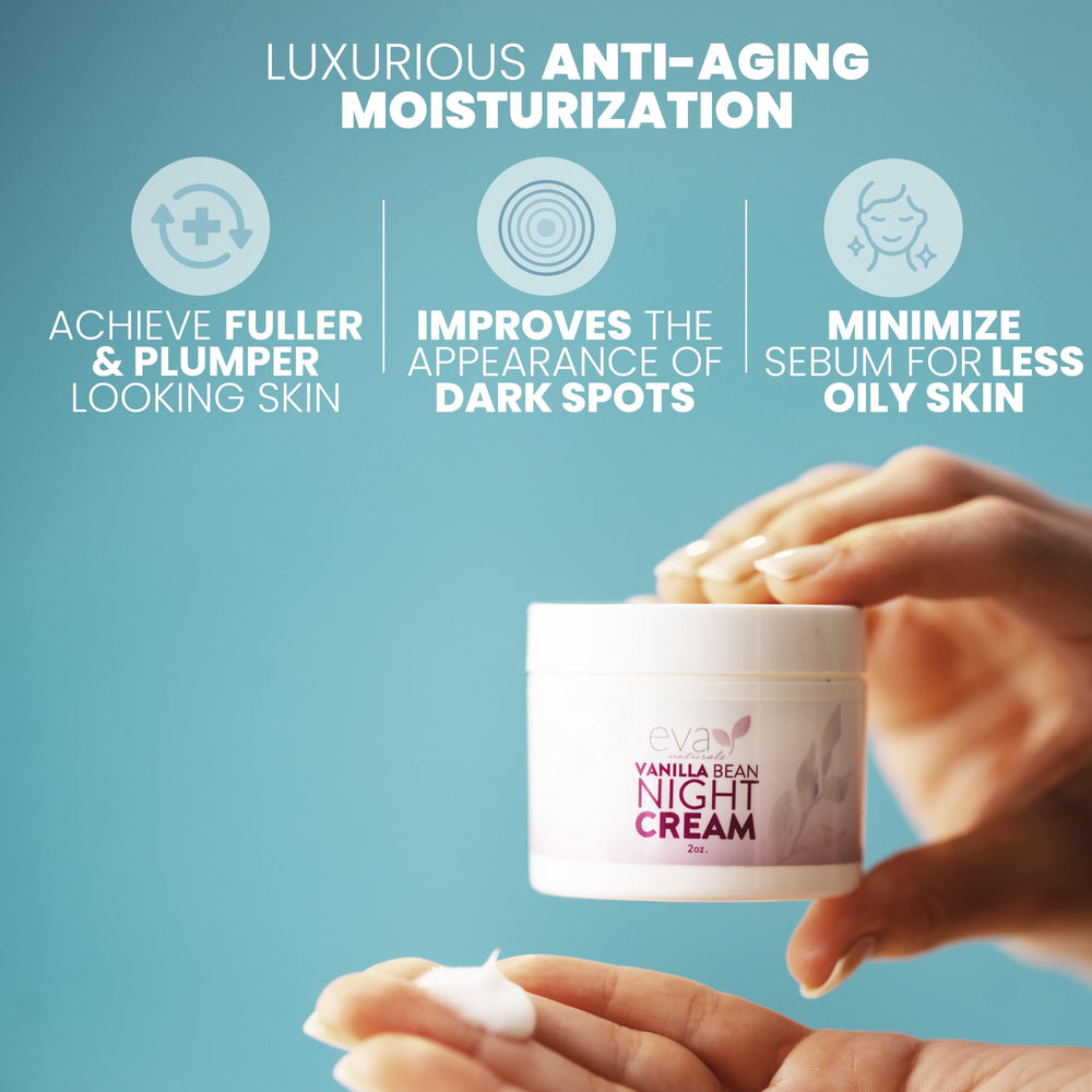 Eva Naturals Vanilla Bean Night Cream jar closeup highlights creamy texture for deep hydration