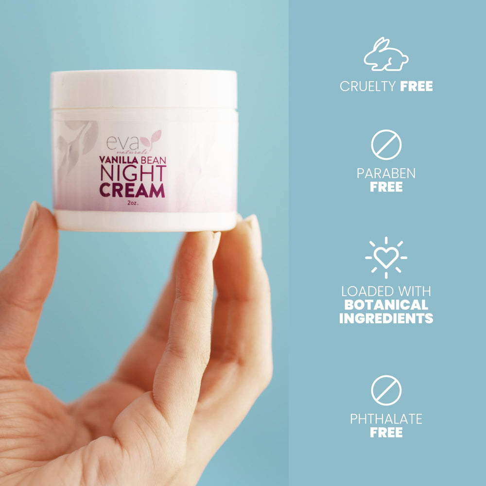 Eva Naturals Vanilla Bean Night Cream night routine image suggests spa-like self-care