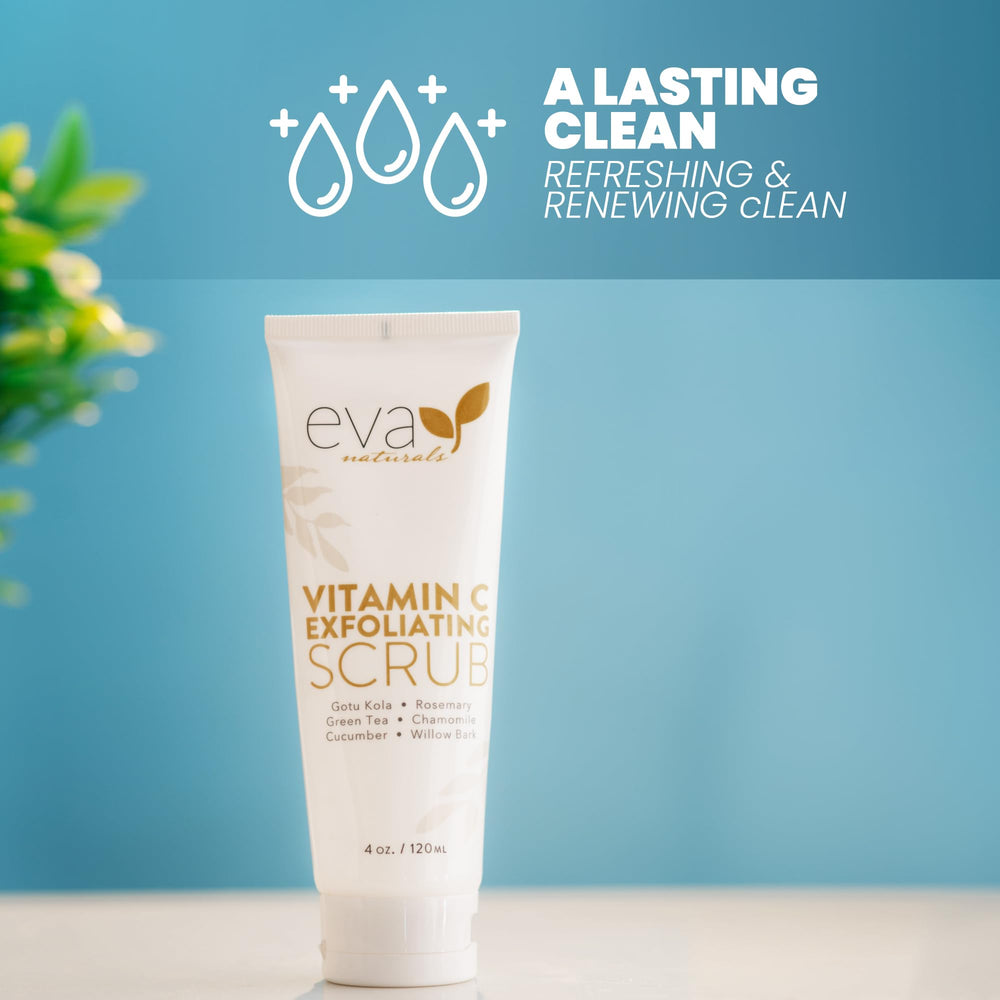 Eva Naturals Vitamin C Scrub on hand ready for facial application and glow.