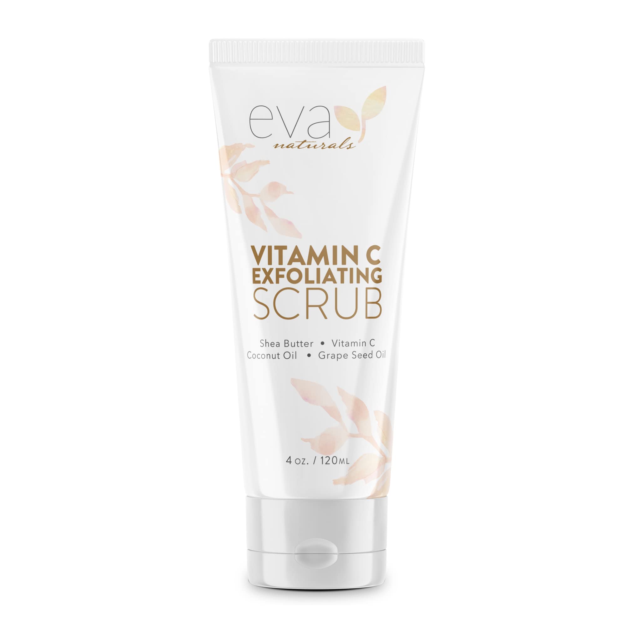 Eva Naturals Vitamin C Scrub bottle pouring for a refreshing cleanse and brightening.