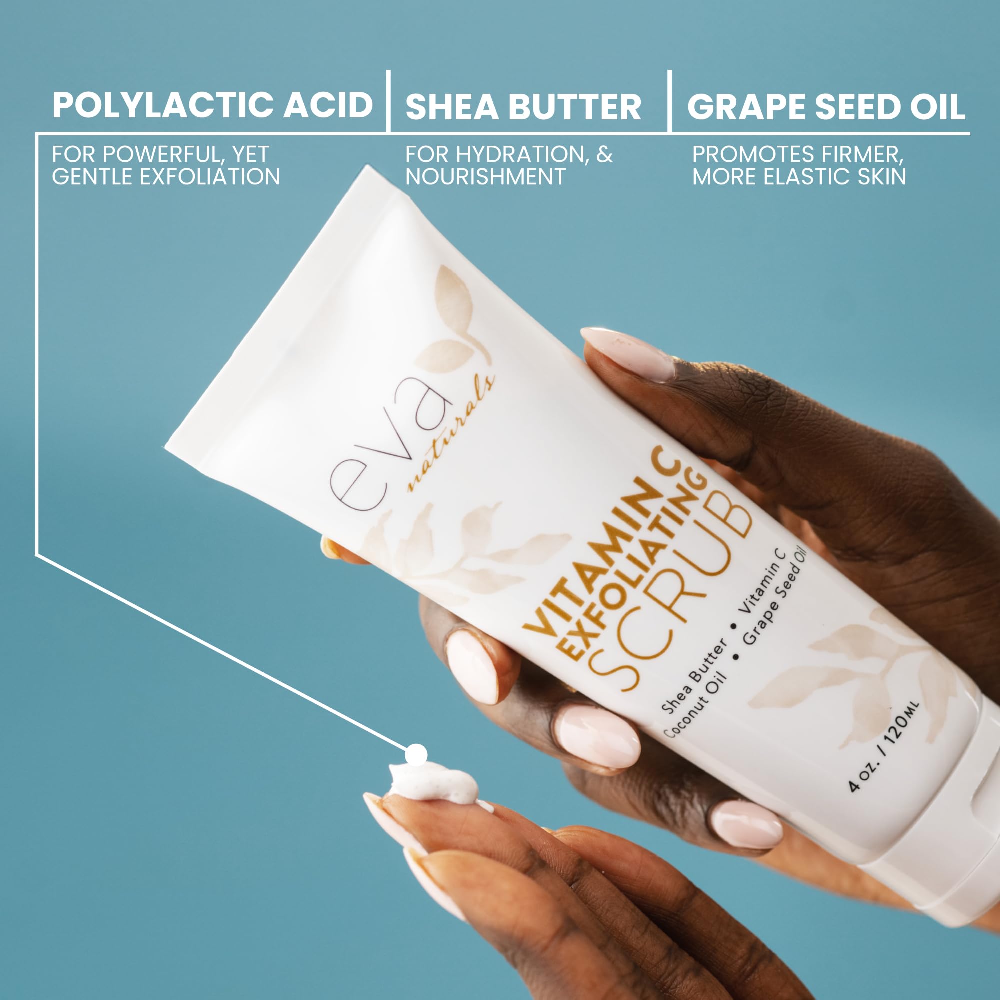 Dispensing action of Eva Naturals Vitamin C Scrub highlighting easy skincare routine.