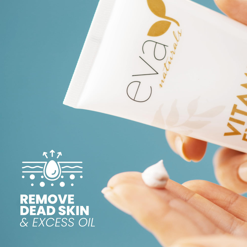 Product packaging of Eva Naturals Vitamin C Scrub emphasizing clean beauty values.