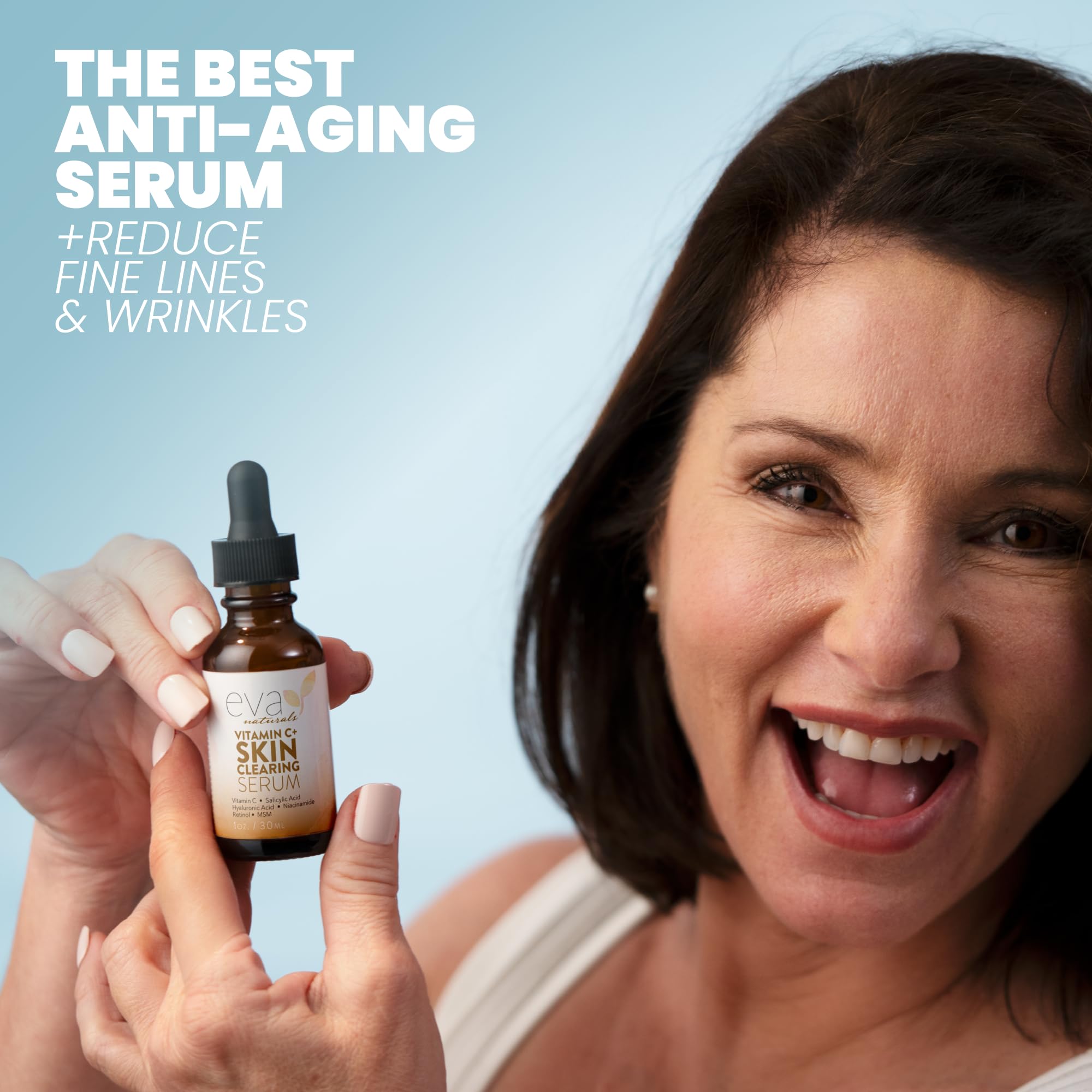 Eva Naturals Vitamin C Serum label close-up highlighting actives for brighter skin.