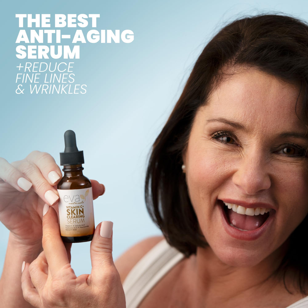 Eva Naturals Vitamin C Serum label close-up highlighting actives for brighter skin.