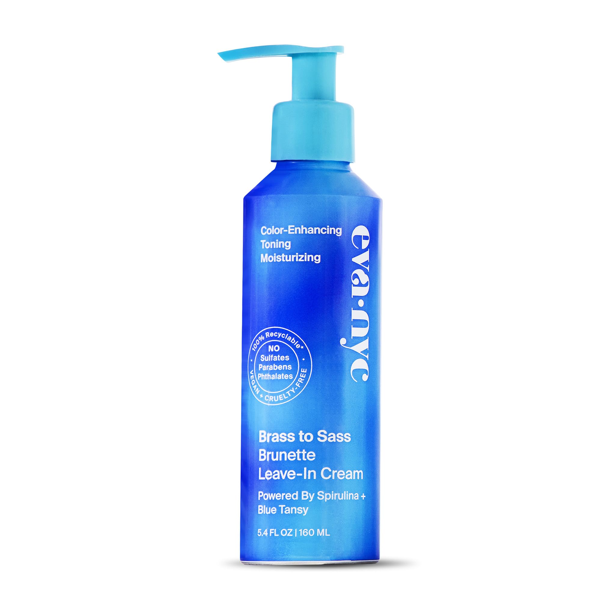 Eva NYC Brass to Sass Brunette leave-in cream bottle delivering blue-toned toning for cooler brunettes.
