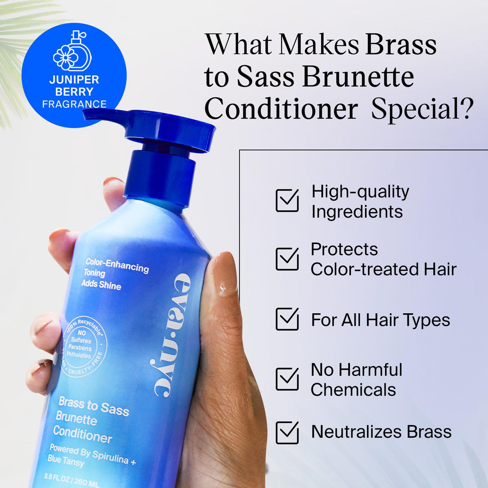 Eva NYC Brass to Sass Brunette Shampoo bottle with blue hue and packaging