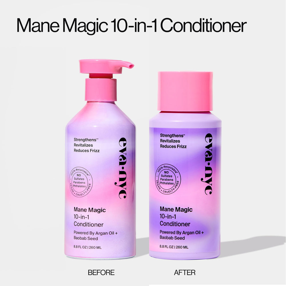 Eva NYC Mane Magic frizz-control visual emphasizes smoother, manageable strands.