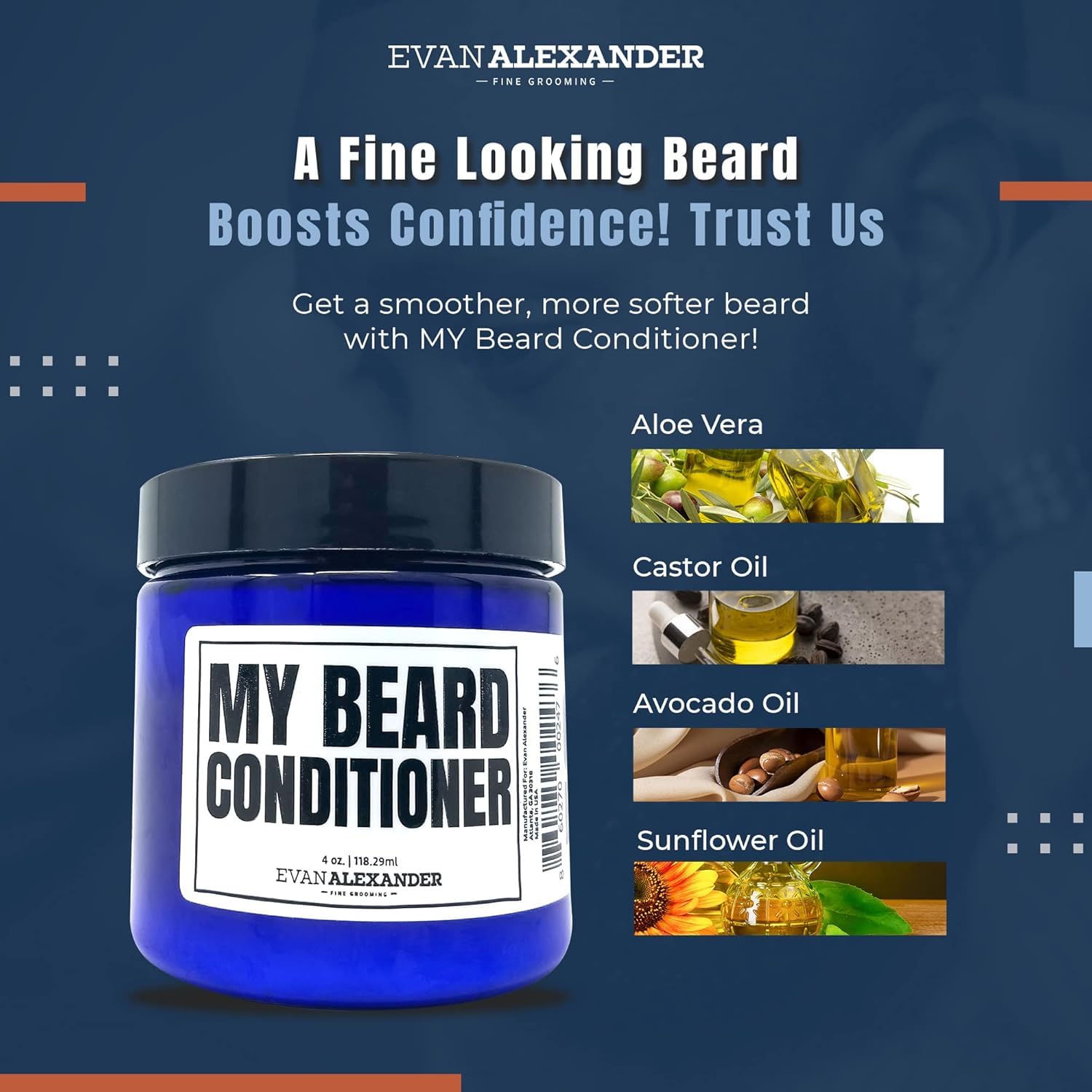 Aloe vera and natural ingredients highlighted in Evan Alexander Grooming conditioner