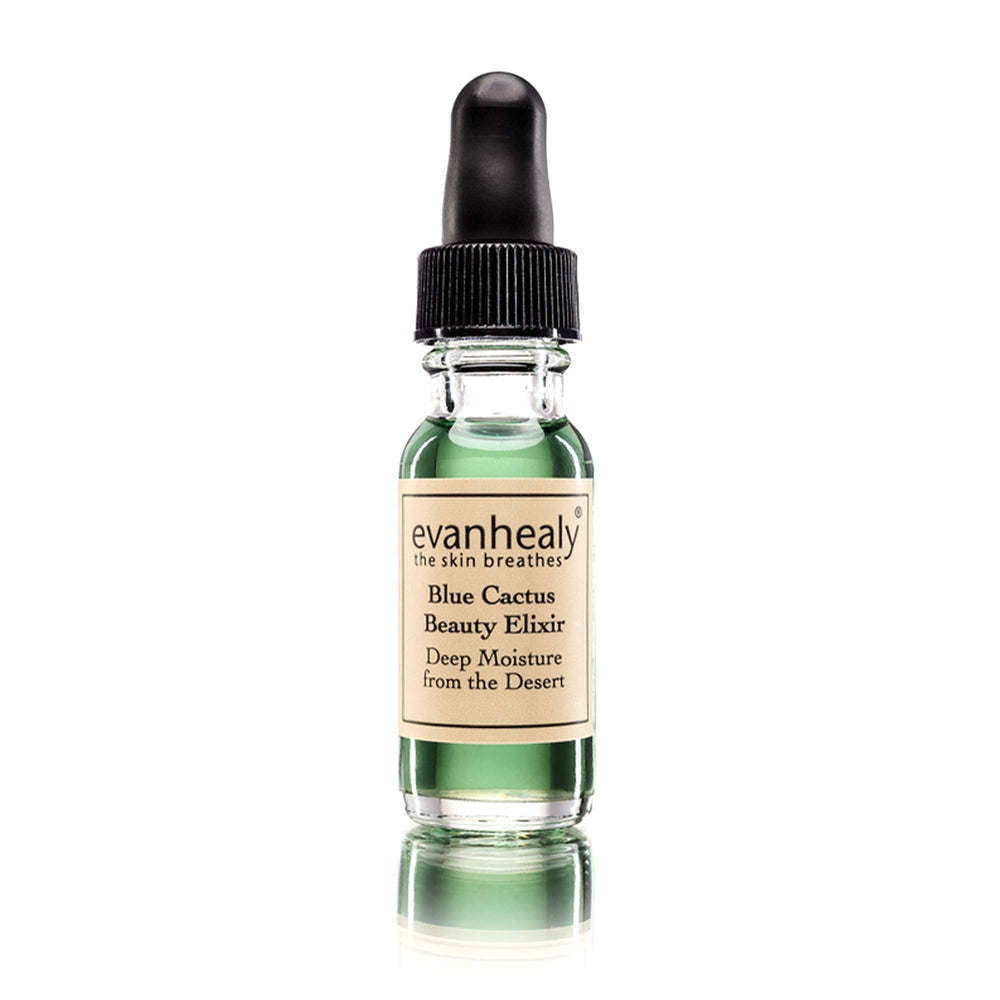 Evanhealy Blue Cactus Elixir bottle offers calming, illuminating care for all skin types.