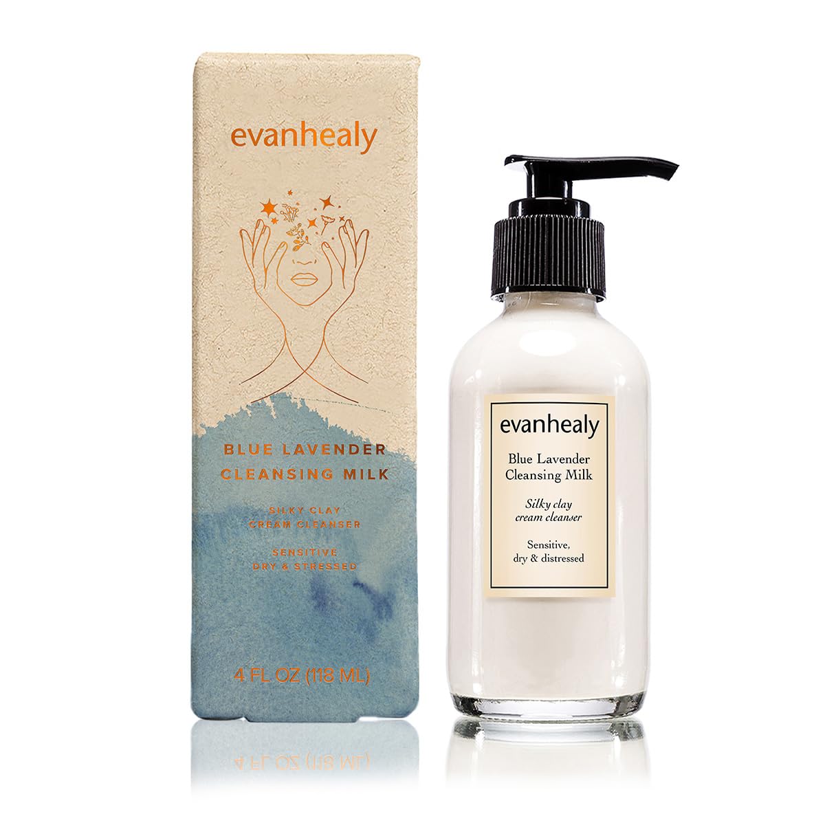 Evanhealy Blue Lavender Cleansing Milk pour, soothing ritual for reactive skin.