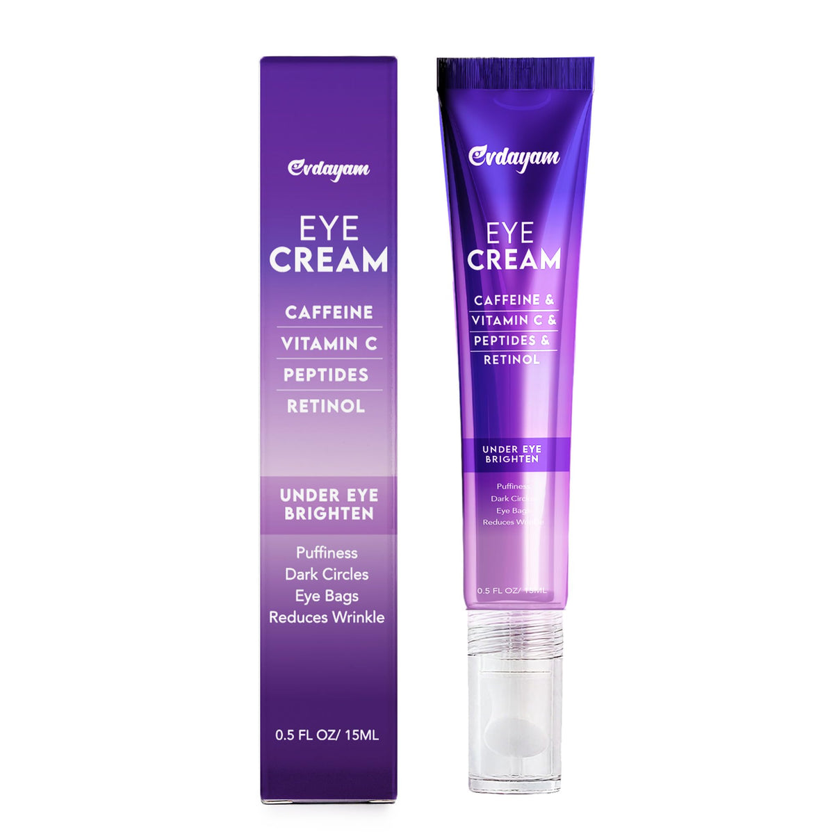 Evdayam Caffeine Eye Cream packaging close-up for daily use.