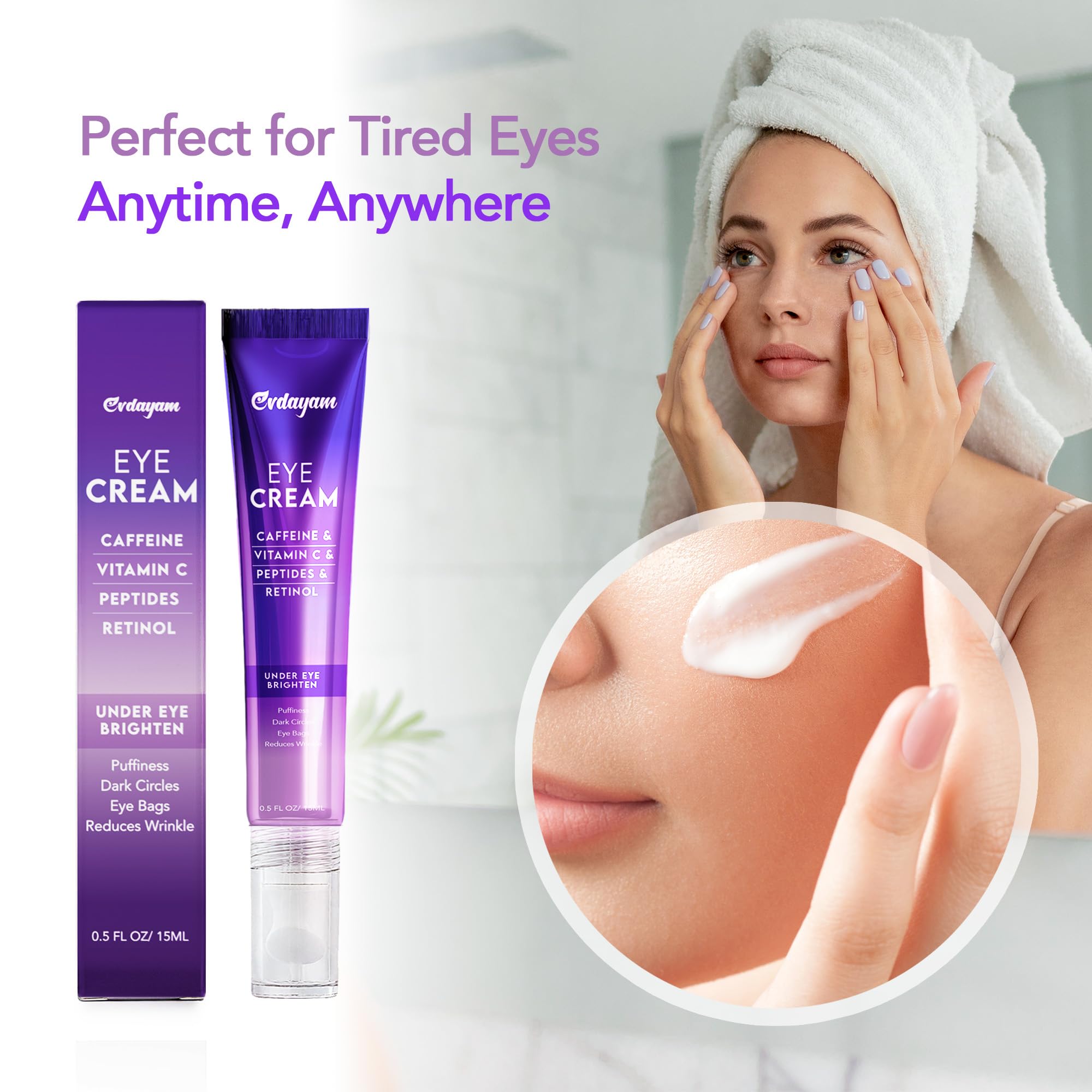 Evdayam Caffeine Eye Cream reducing puffiness during morning routine.