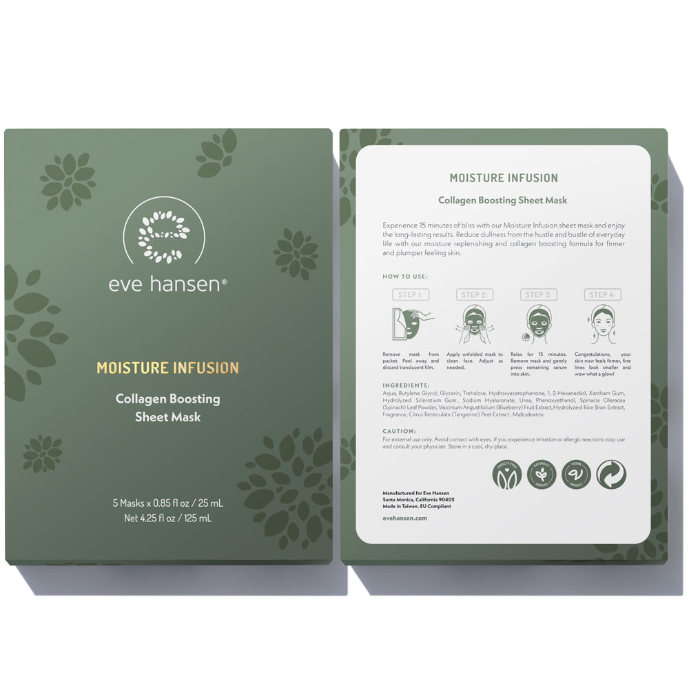 Eve Hansen collagen mask sheets spinach leaf ingredient emphasis