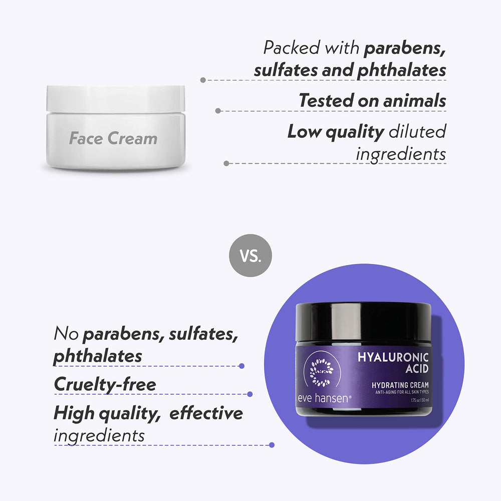 Vegan cruelty-free logo on Eve Hansen Hyaluronic Acid Cream packaging