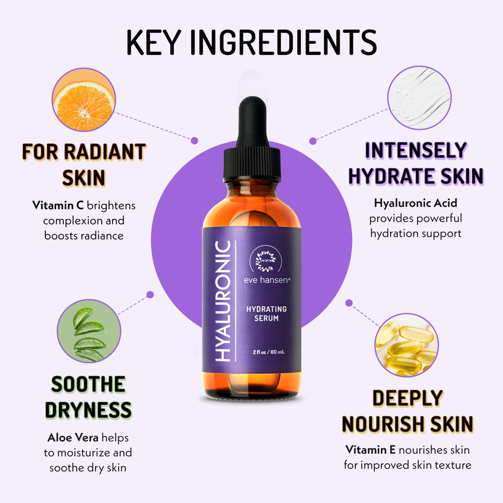 Closeup glow with Eve Hansen hyaluronic acid serum on the skin.