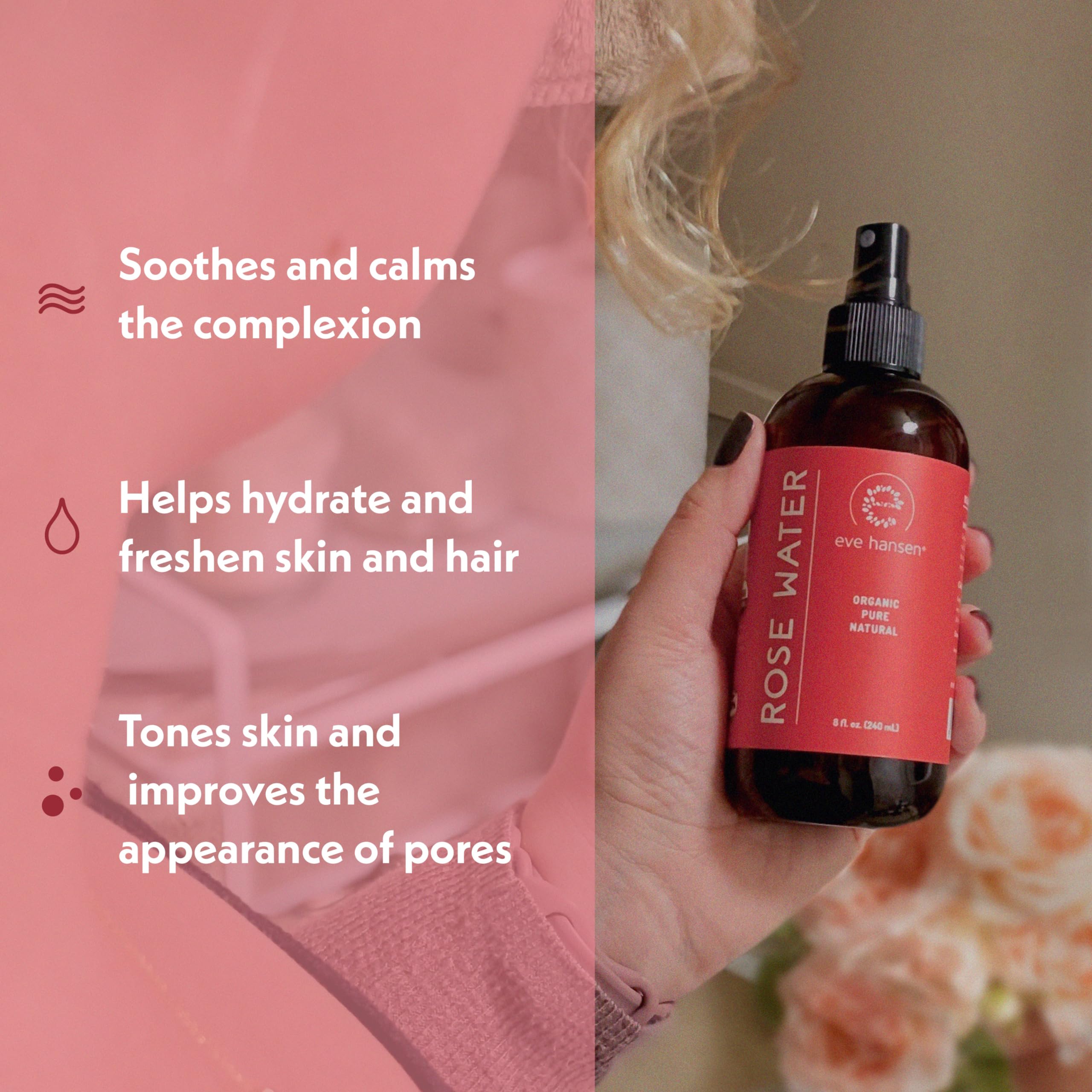 Face mist from Eve Hansen Rose Water Spray for daytime hydration.