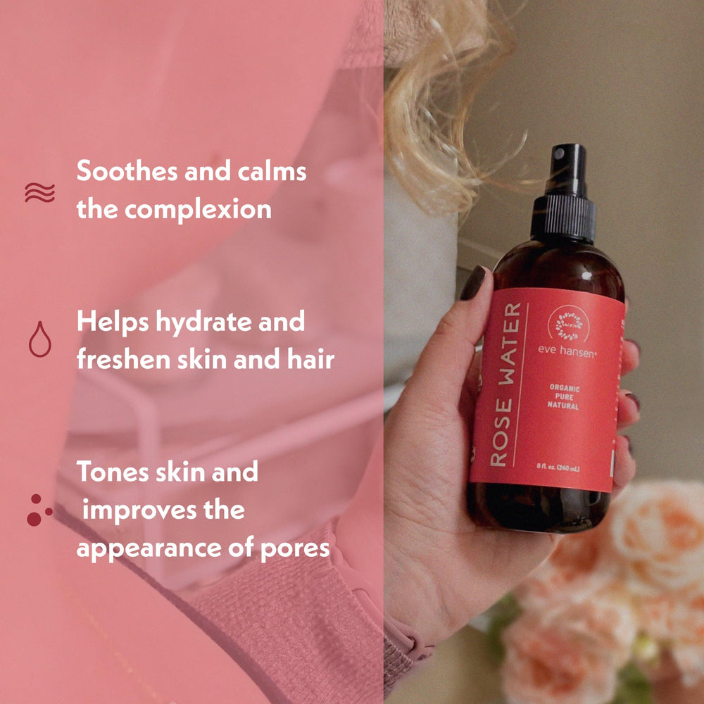 Face mist from Eve Hansen Rose Water Spray for daytime hydration.