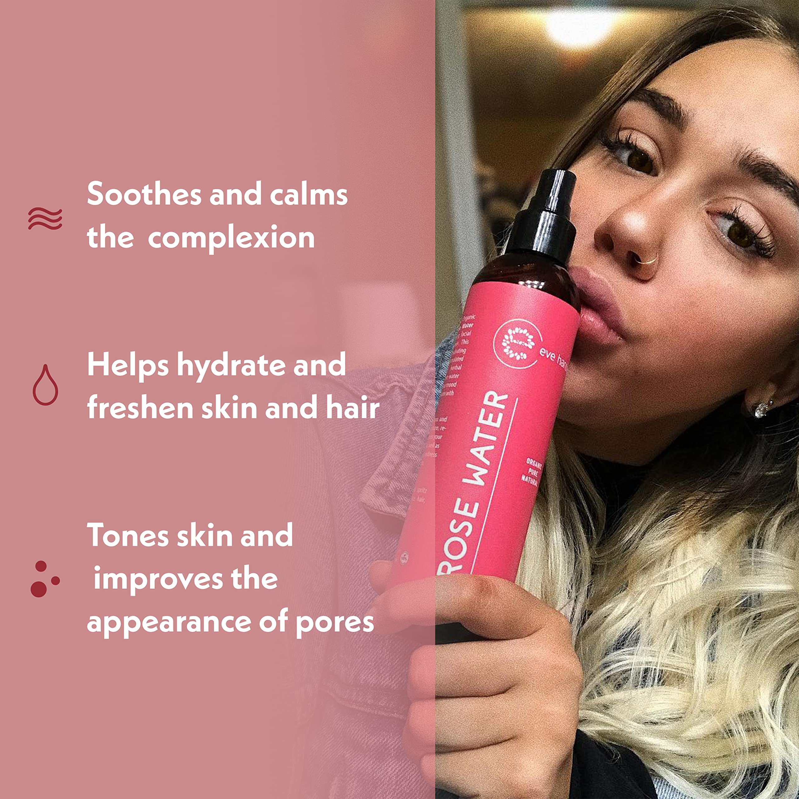 Eve Hansen Rose Water Spray on face as a lightweight toner for refreshment.