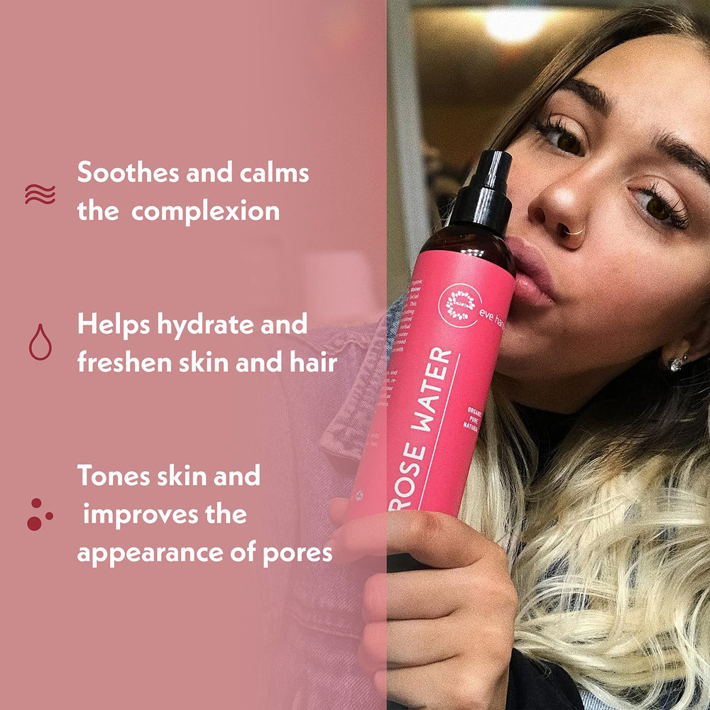 Eve Hansen Rose Water Spray on face as a lightweight toner for refreshment.