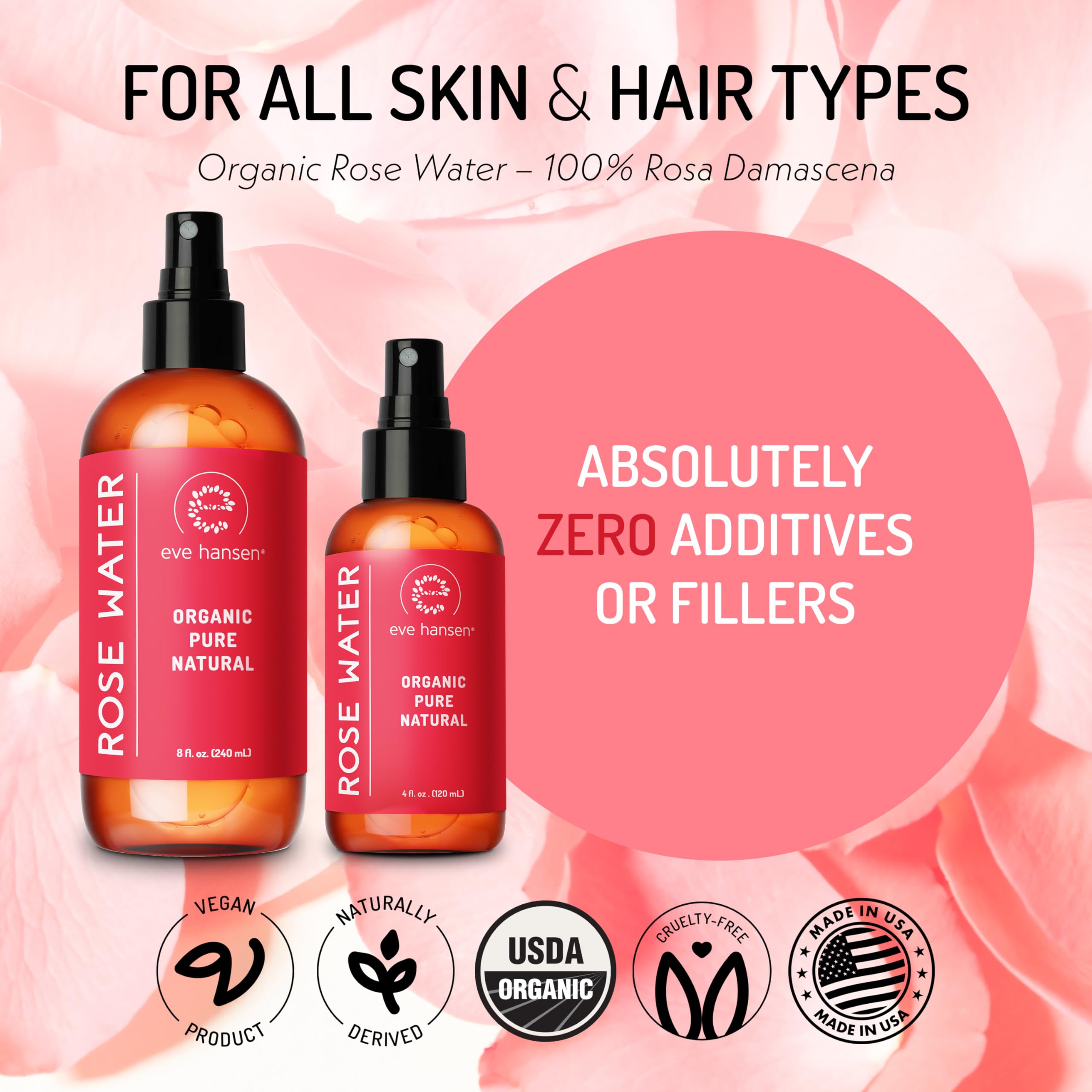 Eve Hansen Rose Water Spray hair mist adds gentle hydration to strands.