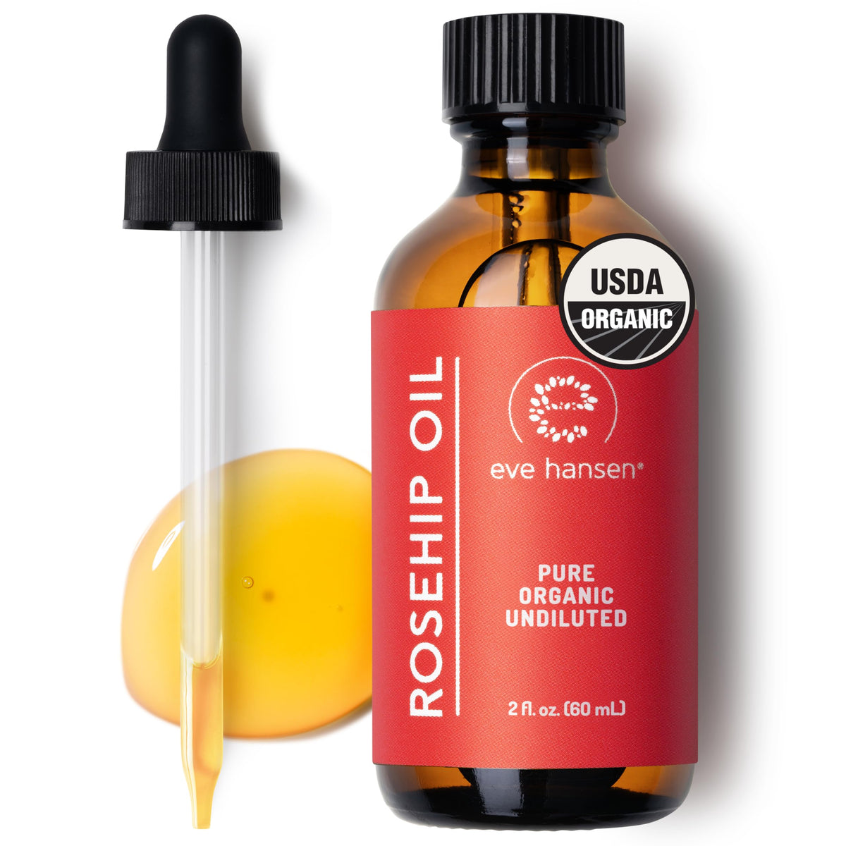Eve Hansen Rosehip Oil bottle with dropper for deep hydration and radiant skin.
