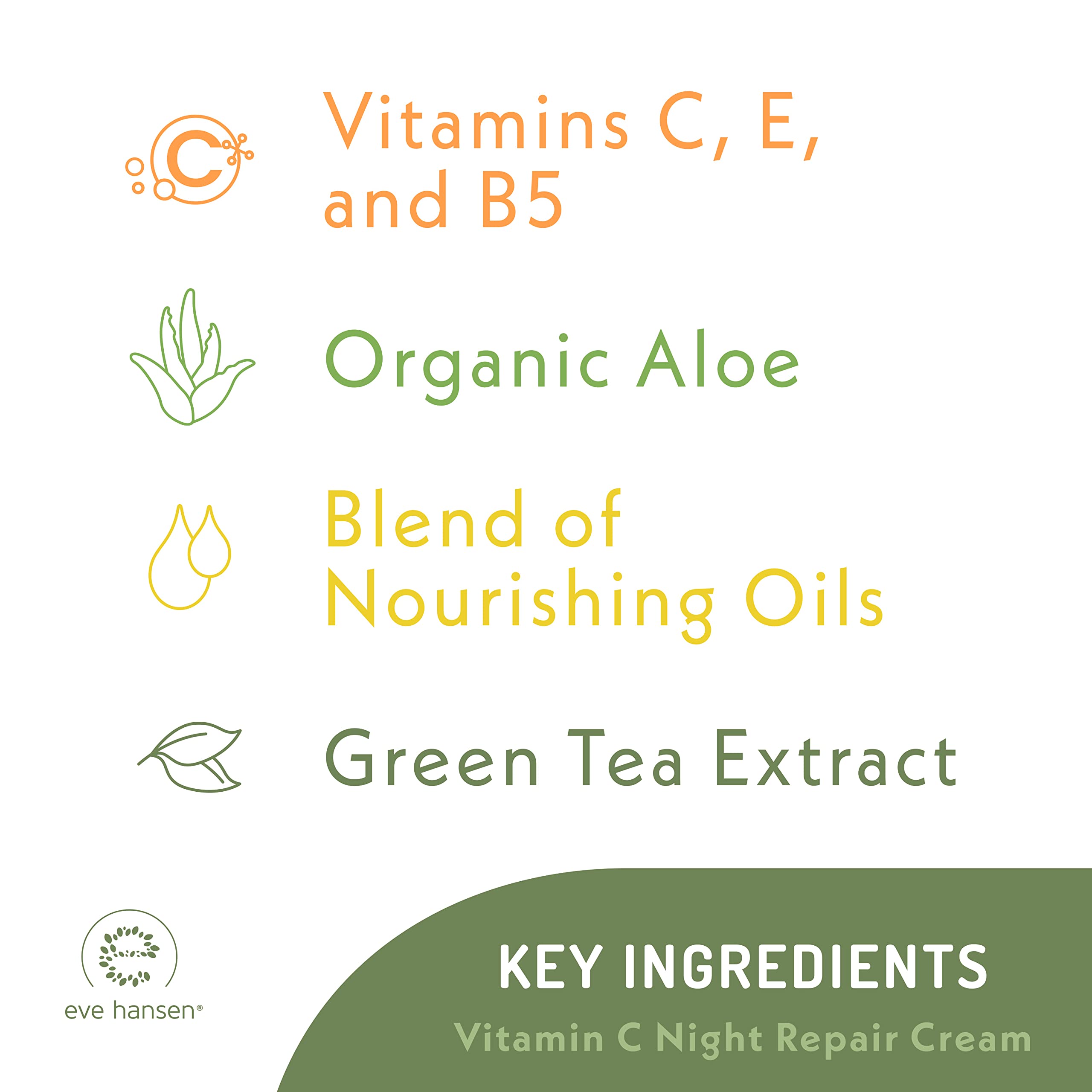 Eve Hansen Vitamin C Night Cream label closeup emphasizing natural ingredients