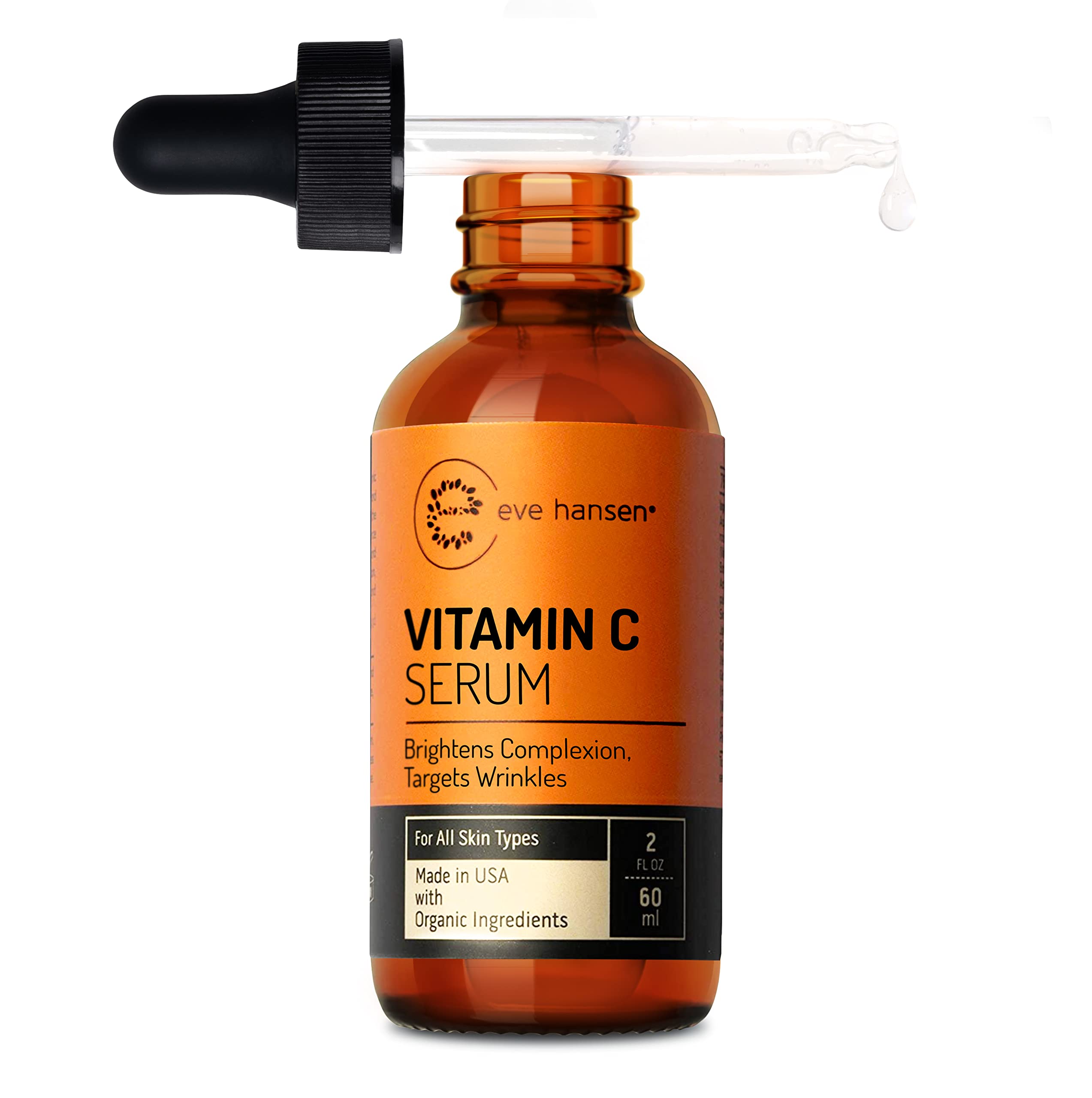 Eve Hansen Vitamin C Serum bottle showcases premium formula for hydrated, glowing skin.