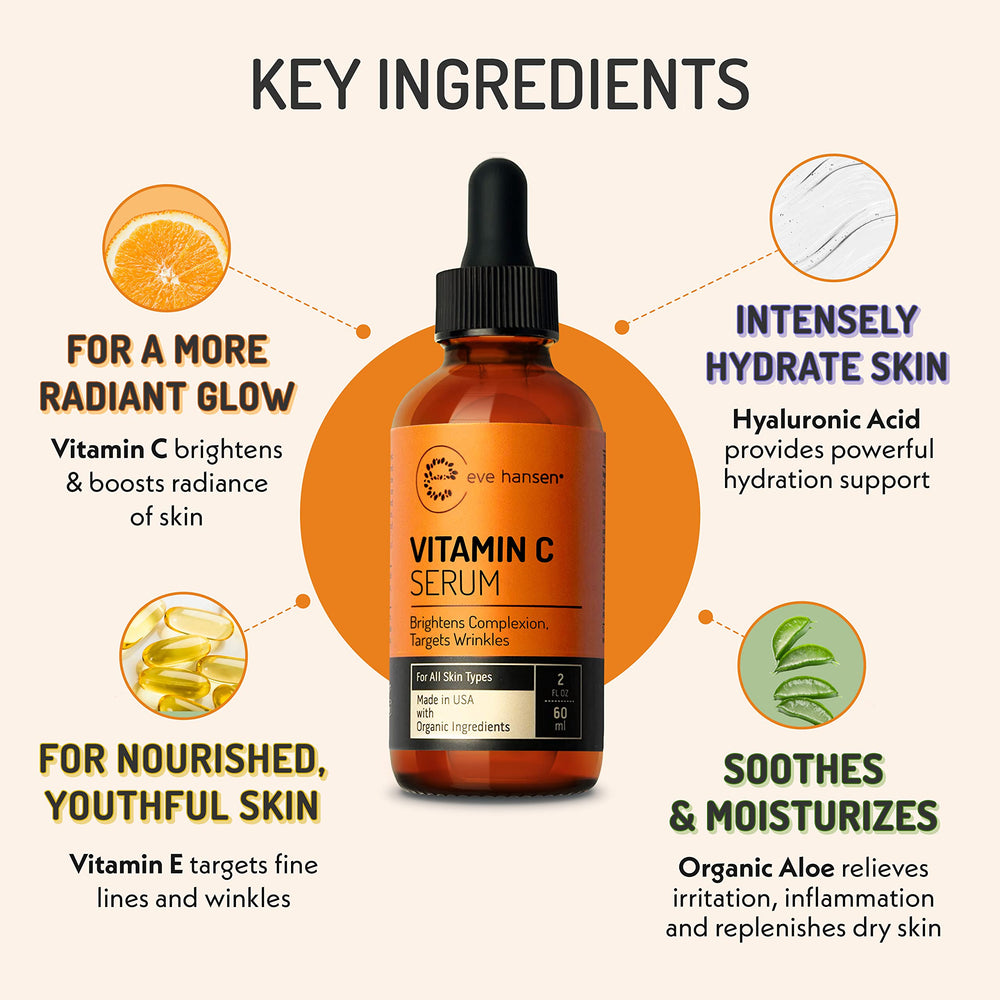 Eve Hansen Vitamin C Serum ingredients feature hyaluronic acid for deep hydration.