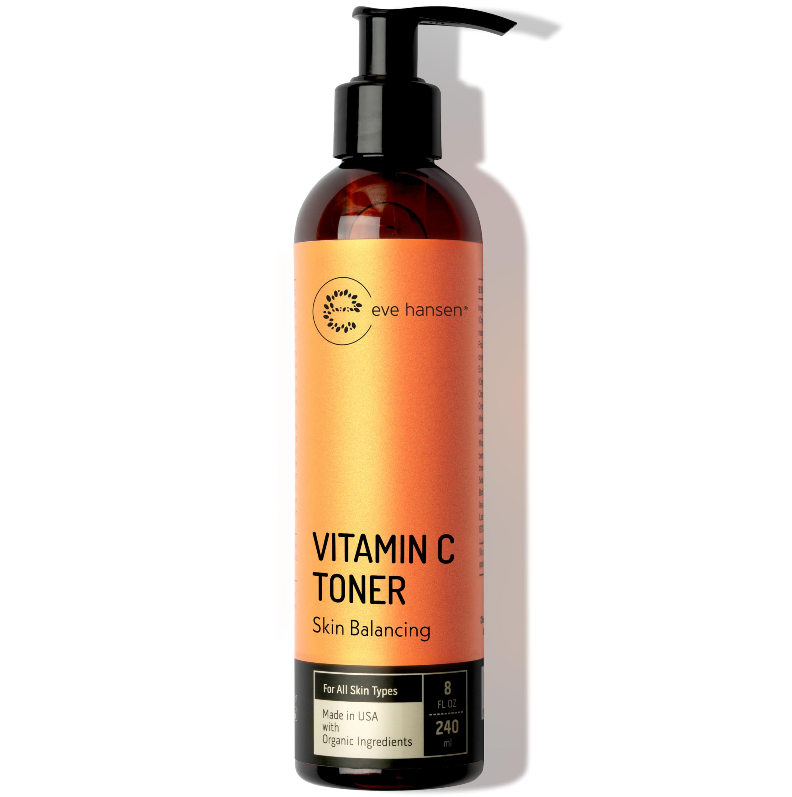 Eve Hansen Vitamin C Toner bottle front shows refreshing hydration for all skin types.