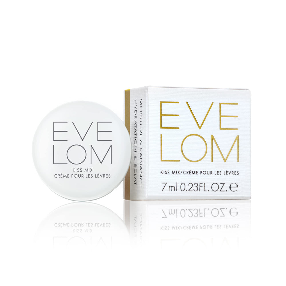 EVE LOM Kiss Mix lip balm on lips provides glossy moisture all day.