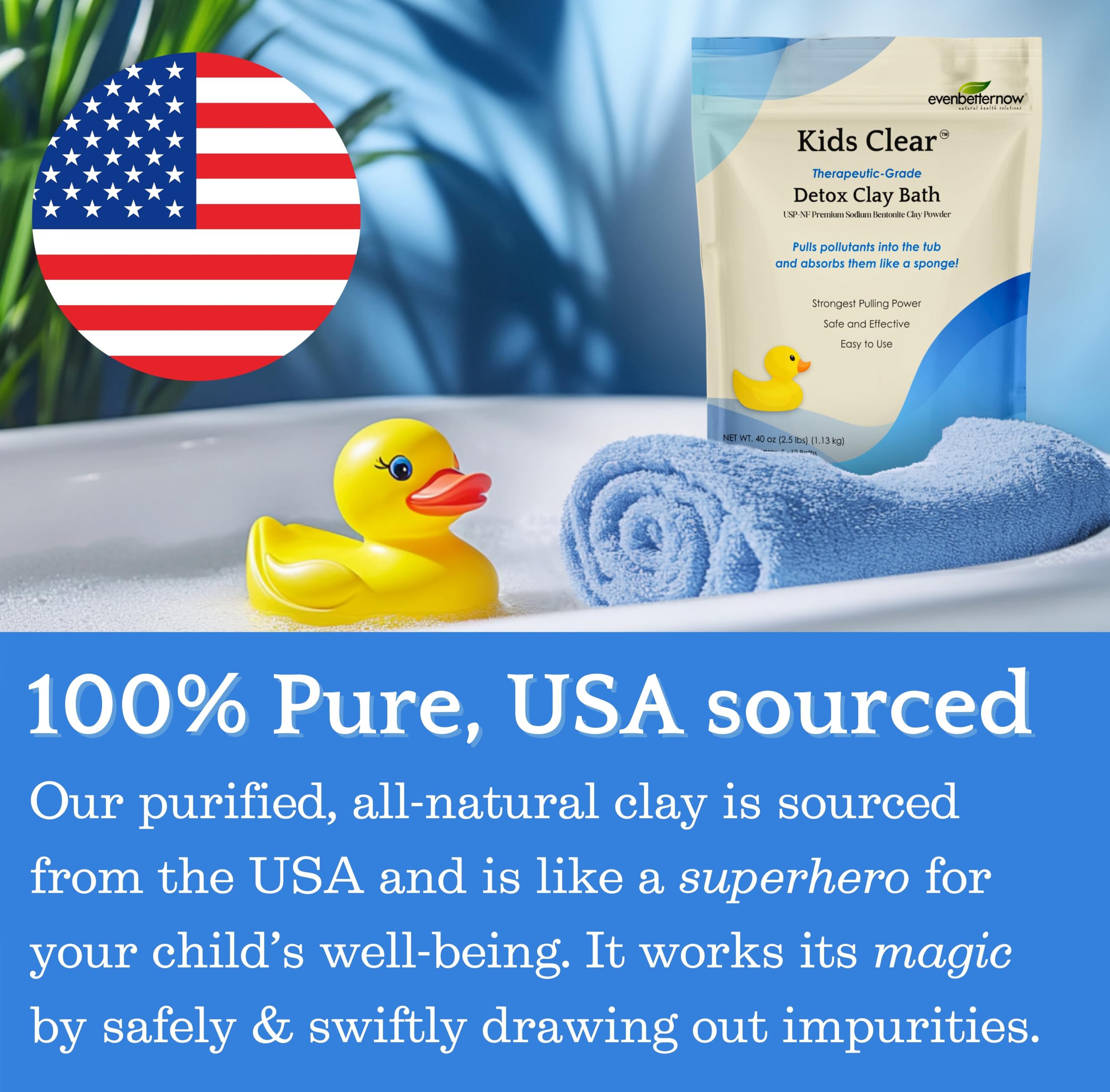 Evenbetternow Kids Clear Detox Bath dissolving smoothly in warm water for a soothing bath.