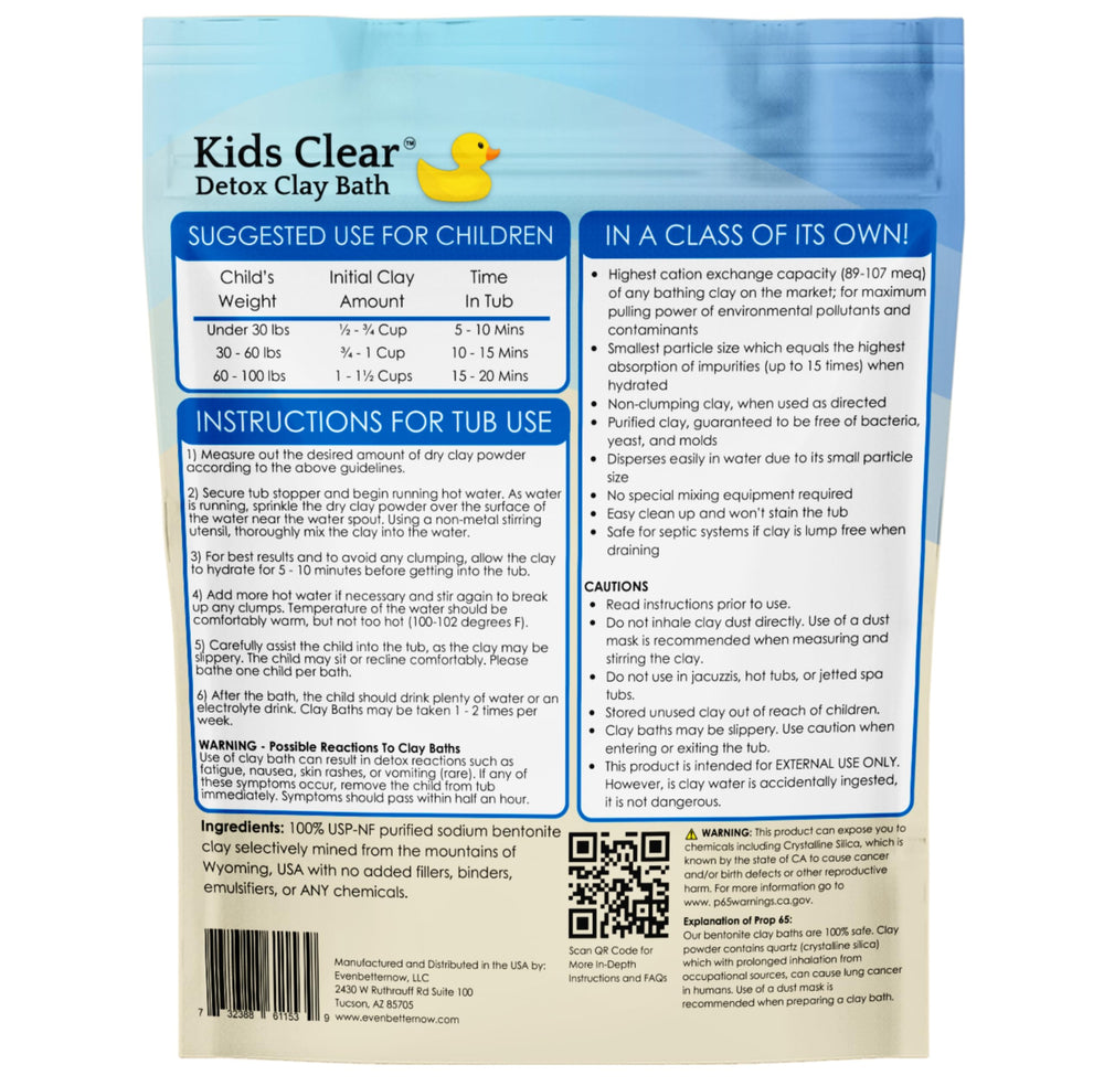 Evenbetternow Kids Clear Detox Bath packaging highlighting purity and safety.