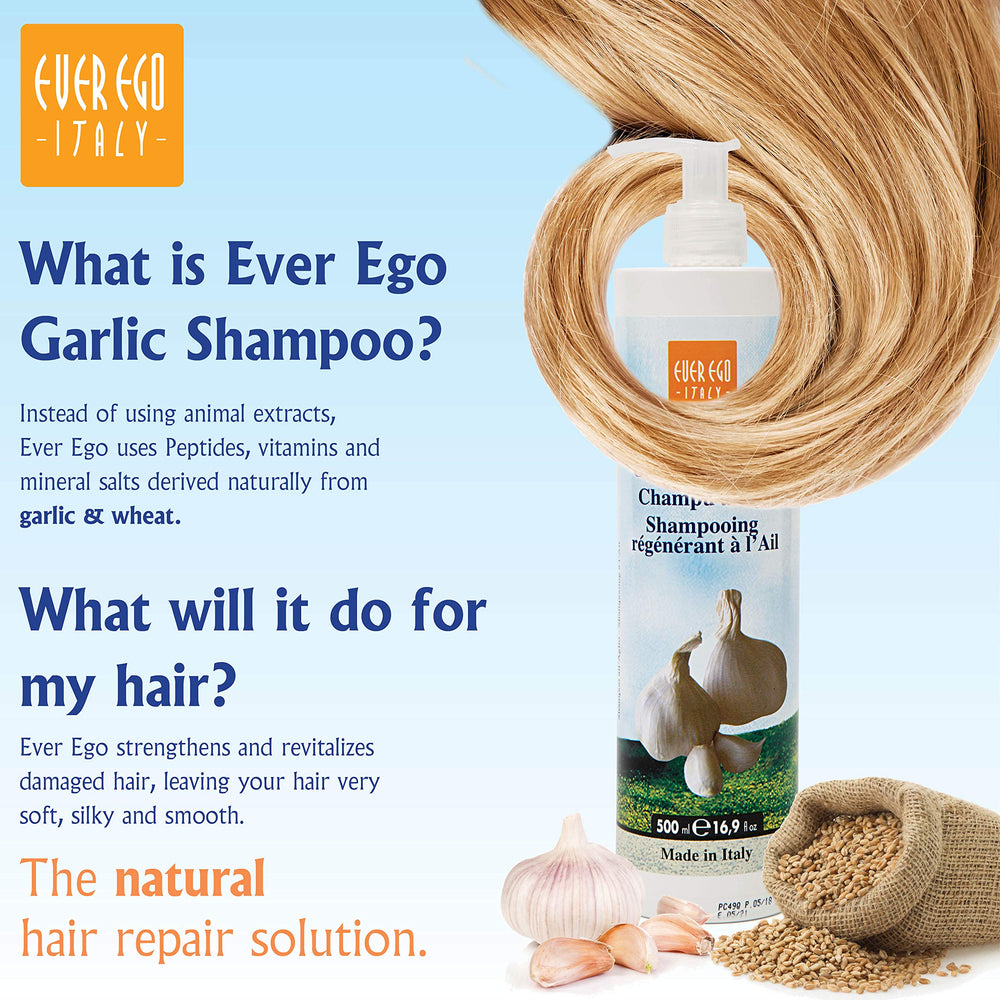 Ever Ego Italy garlic shampoo on bleached hair showing nourishing lather.
