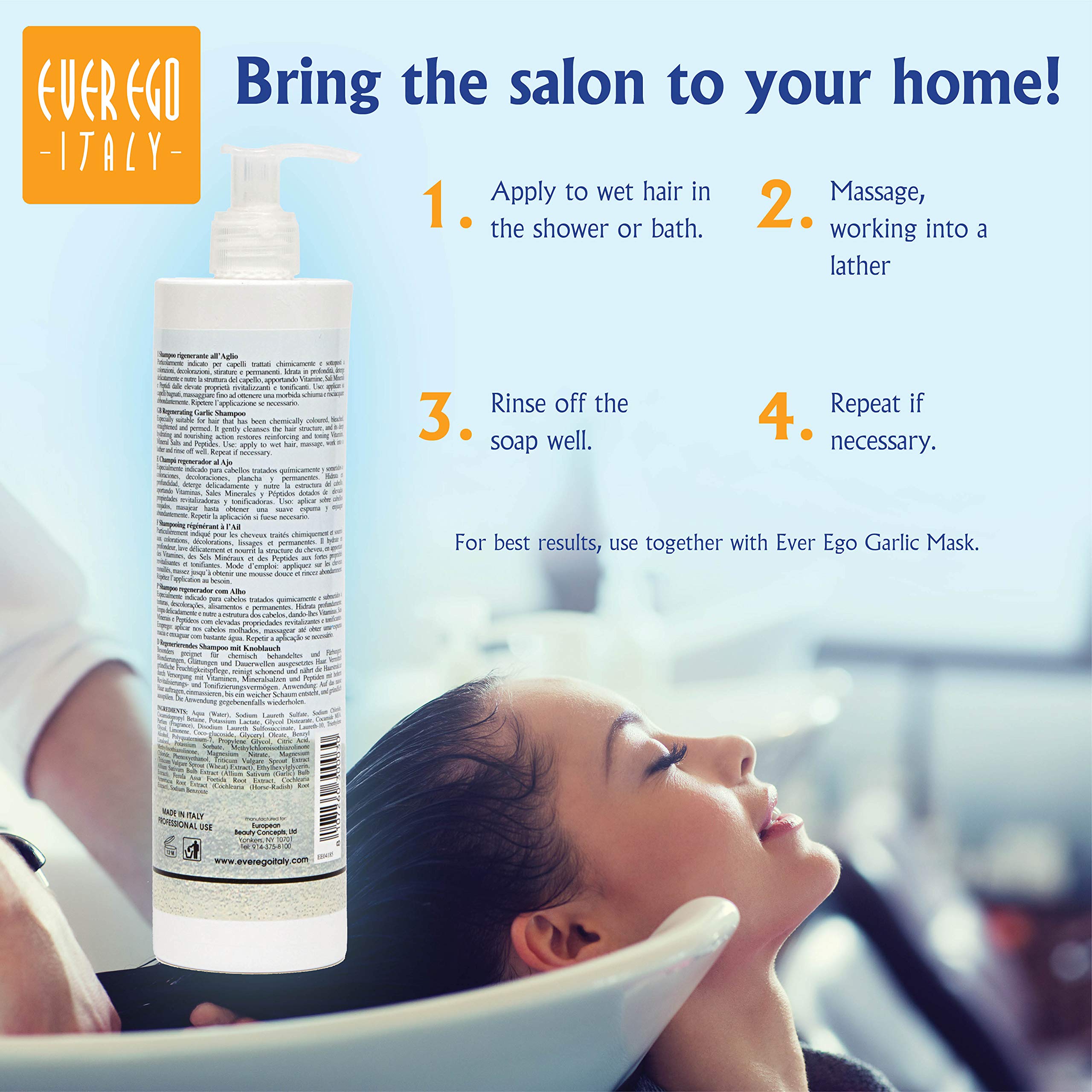 Ever Ego Italy garlic shampoo creamy foam providing hydration for dry hair.