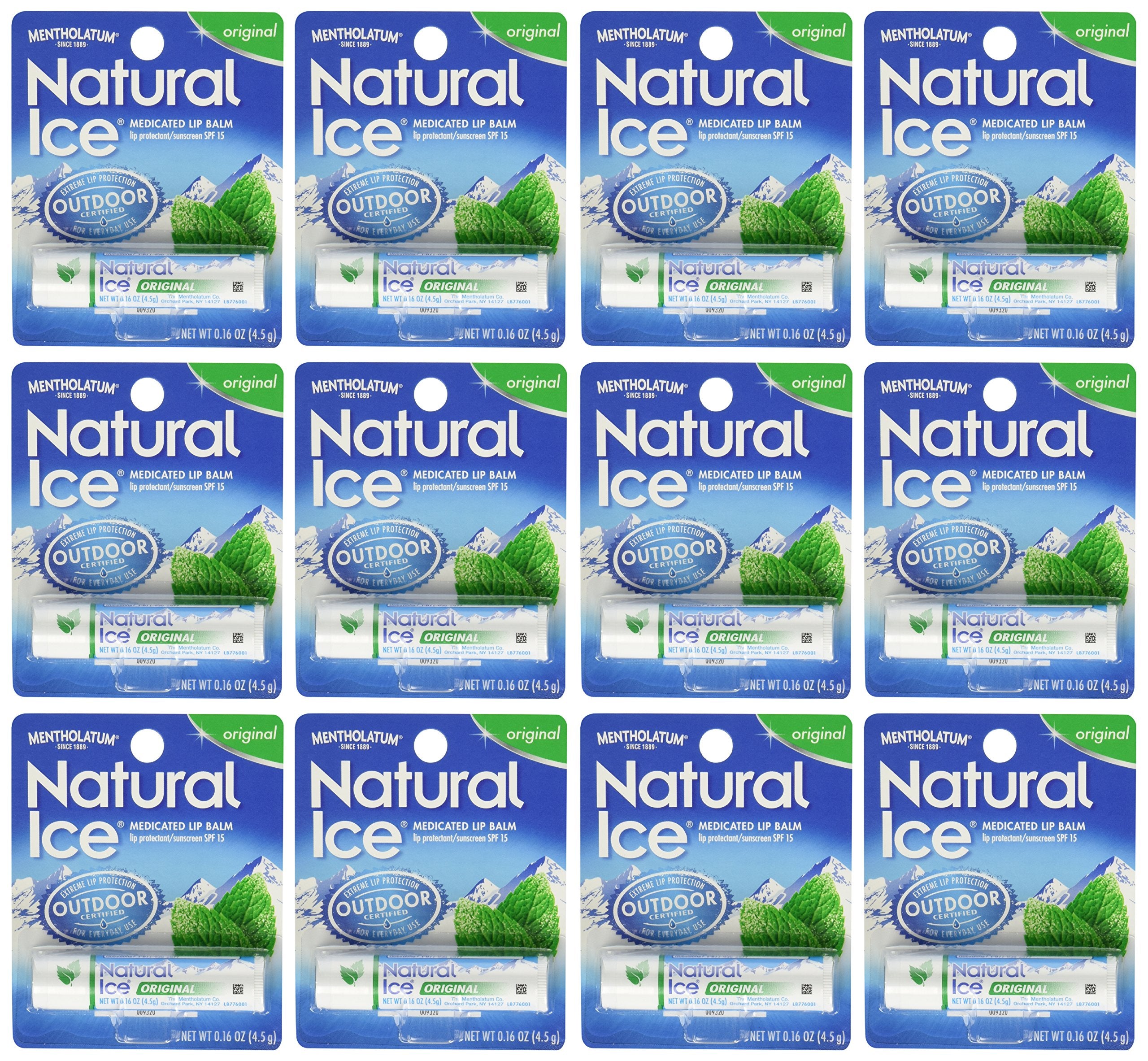 Ever Ready First Aid Mentholatum Natural Ice lip balm pack of 12 with cooling protection.