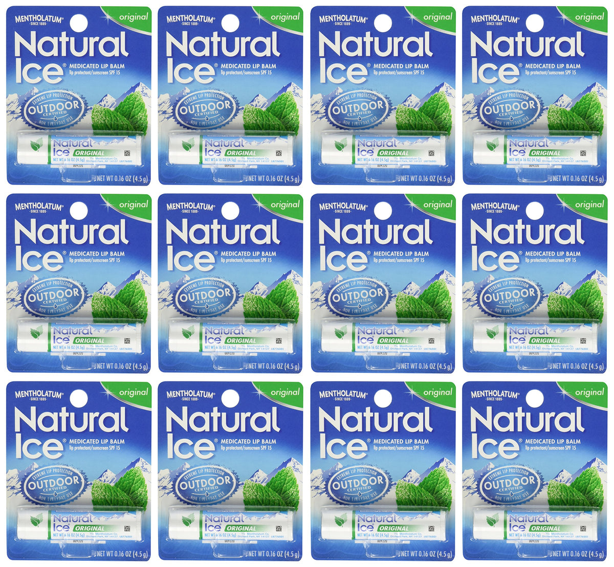 Ever Ready First Aid Mentholatum Natural Ice lip balm pack of 12 with cooling protection.