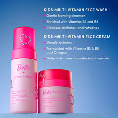 Evereden Barbie kids face cream jar provides hydration for delicate skin.